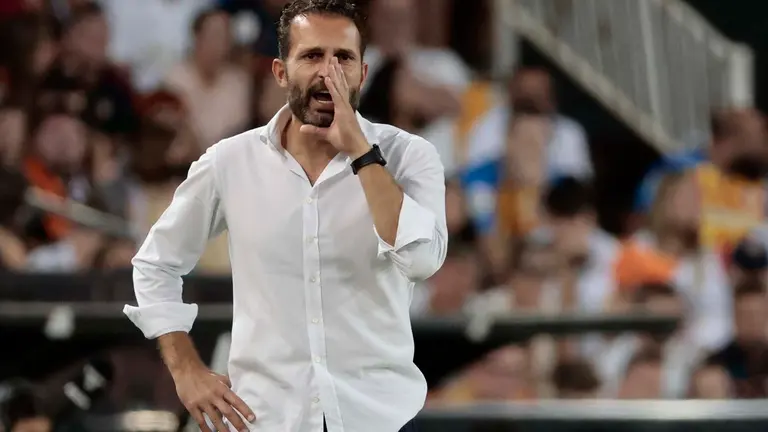 El t&eacute;cnico del Valencia Rub&eacute;n Baraja da instrucciones a sus jugadores durante el partido correspondiente a la Jornada 3 de LaLiga que enfrenta a Valencia y Osasuna este domingo en Mestalla. EFE/ Ana Escobar