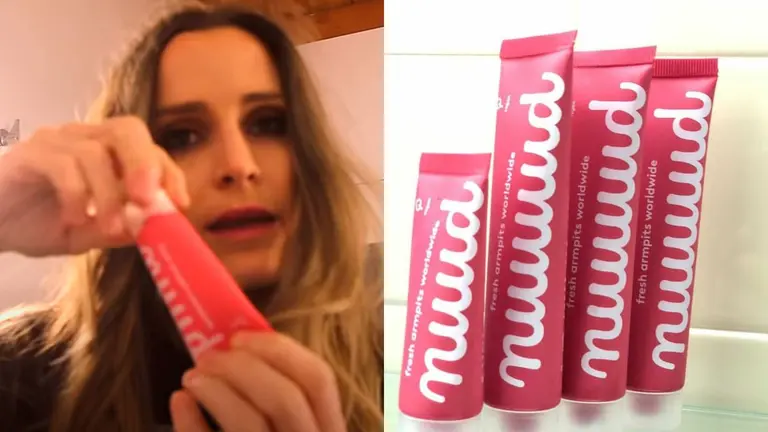 A la izquierda, Verdeliss promocionando el desodorante de Nuud y, a la derecha el producto. YOUTUBE / INSTAGRAM DE NUUD