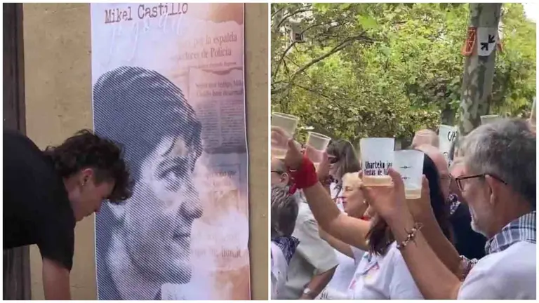 A la izquierda, homenaje al etarra Mikel Castillo en el casco viejo de Pamplona; a la derecha, brindis por los presos de ETA en las fiestas de Huarte. COVITE