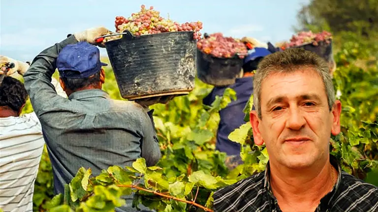 Fotomontaje con la imagen de unos temporeros y el retrato de Gregorio Herrera Rodr&iacute;guez. NAVARRA.COM