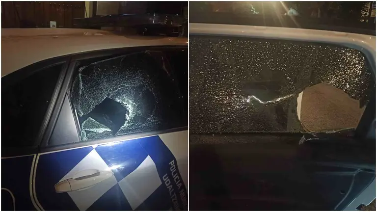 Estado en el que qued&oacute; la ventanilla del coche policial tras la detenci&oacute;n del joven en Estella. AYUNTAMIENTO DE ESTELLA