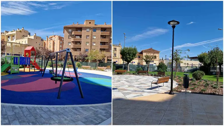 Parque infantil y jardines de la renovada plaza de la Estaci&oacute;n de Tudela. AYUNTAMIENTO DE TUDELA