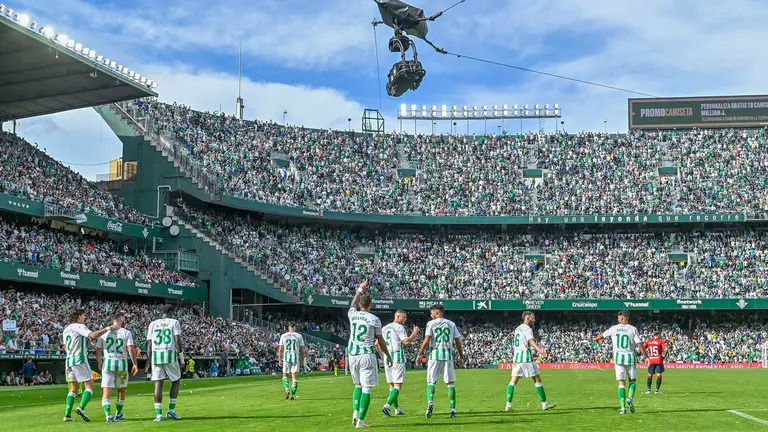 El delantero del Real Betis Willian Jos&eacute; (c) celebra con sus compa&ntilde;eros su gol durante el partido de la jornada 11 de LaLiga EA Sports, este domingo en el estadio Benito Villamar&iacute;n de Sevilla. EFE/ Ra&uacute;l Caro.