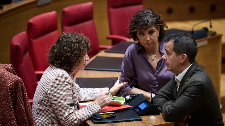 La consejera Carmen Maeztu y Mikel Irujo junto a Ainhoa Unzu, del PSN, minutos antes de comezar el pleno. PABLO LASAOSA
