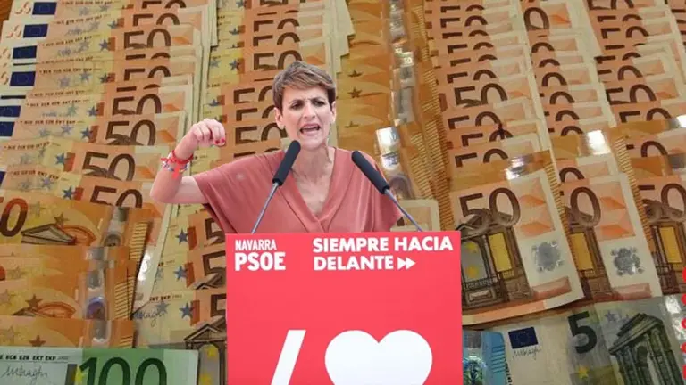 Fotomontaje de Mar&iacute;a Chivite sobre un fondo de dinero.