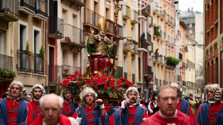 La Corporaci&oacute;n Municipal acompa&ntilde;ada por los Dantzaris de Duguna y la Comparsa de Gigantes y Cabezudos de Pamplona en procesi&oacute;n en honor a San Saturnino en su d&iacute;a grande. PABLO LASAOSA