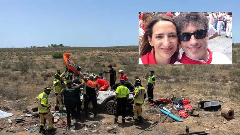 Mar&iacute;a Zandio y Francisco Javier Perales sobreimpresionados en una imagen del siniestro que les cost&oacute; la vida.