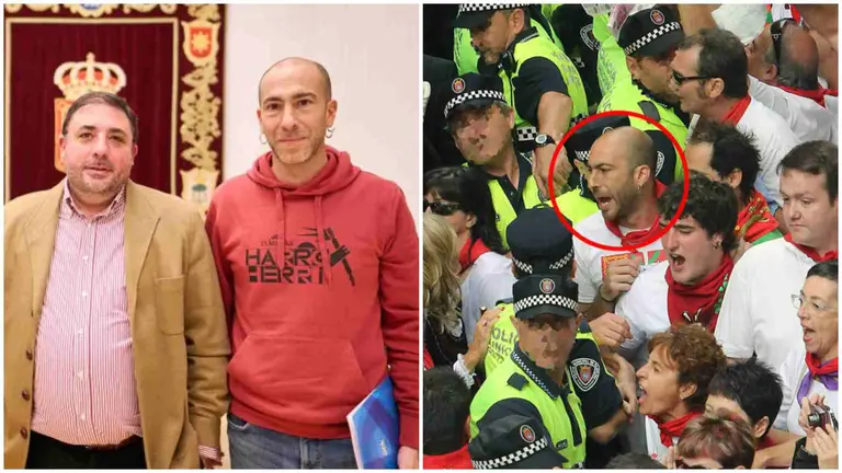 A la izquierda, el presidente del Parlamento, Unai Hualde junto a Xabier Gartzia en el Parlamento de Navarra. A la derecha, instant&aacute;nea de la profesi&oacute;n de San Ferm&iacute;n de 2014 tras la que Gartzia fue detenido por insultar y hostigar a los concejales de UPN.