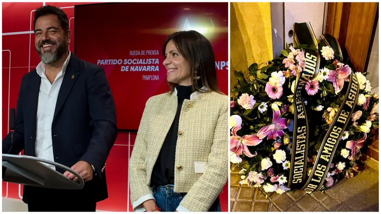 Ram&oacute;n Alz&oacute;rriz y Marina Curiel, brazos ejecutores de la moci&oacute;n de censura en Pamplona, junto a la corona de flores aparecida en la puerta de la sede del PSOE en Pamplona.