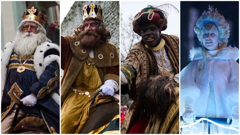 Los tres Reyes Magos, Melchor, Gaspar y Baltasar, y la estrella de la Navidad en la Cabalgata de Reyes de Pamplona. NAVARRA.COM