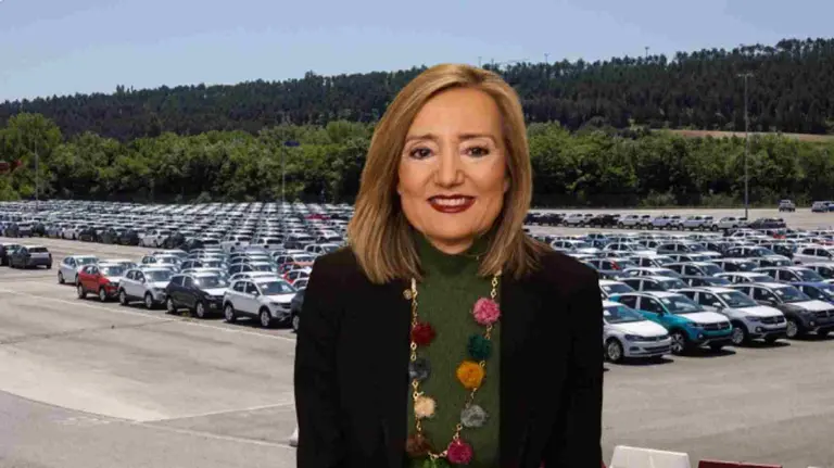 Montaje de Cristina Ibarrola ante la campa de expediciones de Volkswagen Navarra. VW NAVARRA