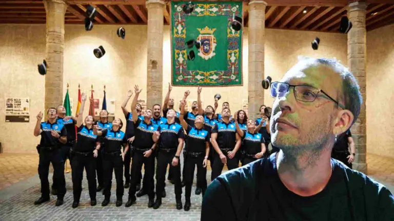 Fotomontaje del concejal delegado de Protecci&oacute;n Ciudadana, Endika Alonso ante una foto de promoci&oacute;n de agentes de la Polic&iacute;a Municipal de Pamplona.