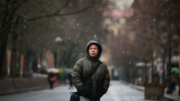 Fr&iacute;o y copos de nieve sobre Pamplona. PABLO LASAOSA