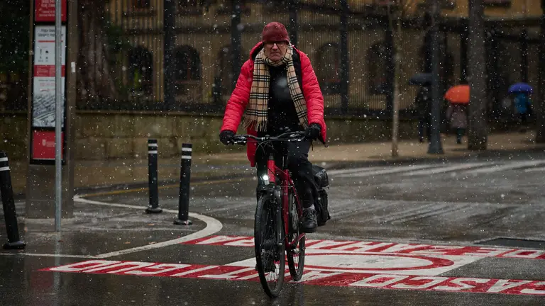 Fr&iacute;o y copos de nieve sobre Pamplona. PABLO LASAOSA