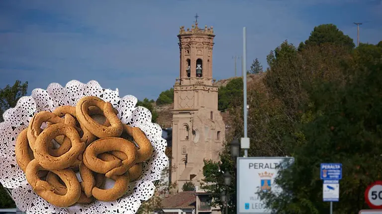 Montaje de unos roscos de San Blas sobre una vista de Peralta. NAVARRRA.COM