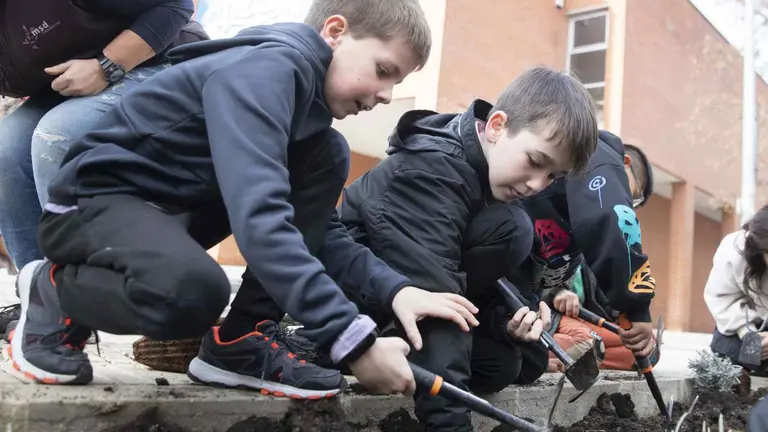 Alumnos de 4&ordm; de Primaria de la Ikastola Amaiur de Pamplona plantando un jard&iacute;n de lluvia a las puertas del colegio. AYUNTAMIENTO DE PAMPLONA