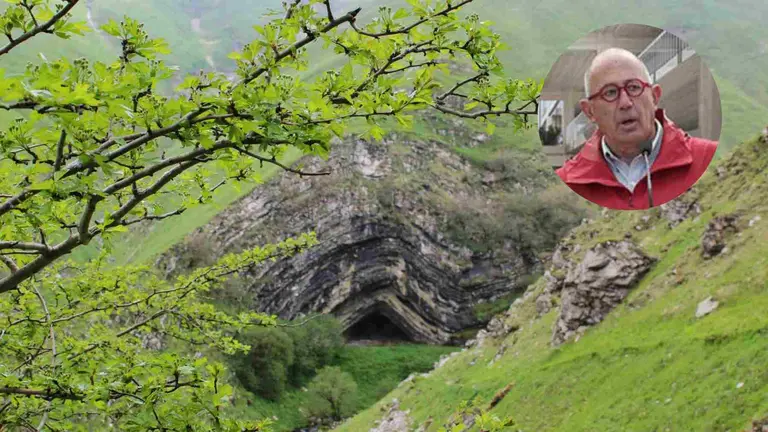 Imagen del arquitecto pamplon&eacute;s Jos&eacute; Mar&iacute;a Errea sobre una foto de la cueva de Arpea.