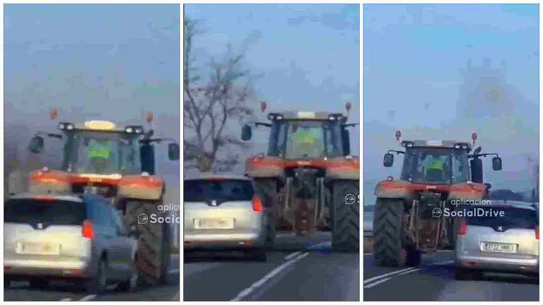 Tres capturas del v&iacute;deo en el que se ve la secuencia del adelantamiento. SOCIALDRIVE / TWITTER