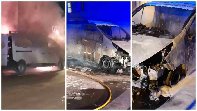 La furgoneta en llamas y estado en el que qued&oacute; tras el incendio. POLIC&Iacute;A LOCAL DE TUDELA