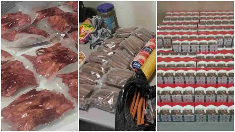 Lenguas de pato, frutas ex&oacute;ticas y cajetillas de tabaco incautadas en el aeropuerto de No&aacute;in-Pamplona. GUARCIA CIVIL DE NAVARRA