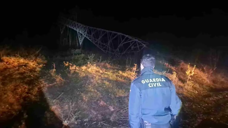 Un agente de la Guardia Civil ante la torre de alta tensi&oacute;n ca&iacute;da. GUARDIA CIVIL