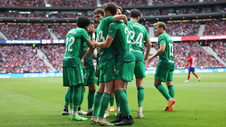 Los jugadores de Osasuna celebran el gol del equipo navarro en el Metropolitano. EFE / Kiko Huesca.
