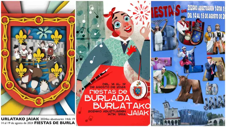 Los tres carteles finalistas  del concurso de carteles de fiestas de Burlada. AYUNTAMIENTO DE BURLADA