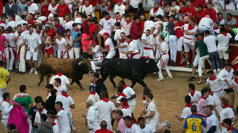 Primer encierro de San Ferm&iacute;n 2024 con toros de La Palmosilla en la plaza de toros. FERM&Iacute;N GUTI&Eacute;RREZ