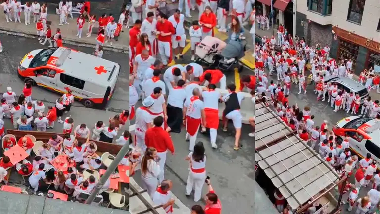 Montaje con imágenes del vídeo en el que varias personas retiran un bloque de hormigón para dejar paso a una ambulancia en Pamplona. TIKTOK