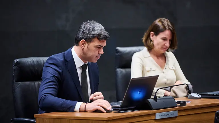Javier Garc&iacute;a e Irene Royo, del PPN minutos antes del comienzo del pleno del Parlamento. PABLO LASAOSA