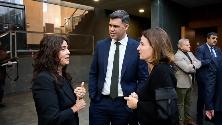 Javier García, Maribel García Malo e Irene Royo minutos antes del comienzo del pleno del Parlamento. PABLO LASAOSA