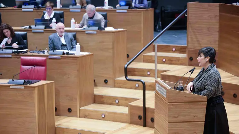 La parlamentaria Mar&iacute;a Solana interviene este jueves en su &uacute;ltimo pleno en el Parlamento de Navarra en Pamplona antes de incorporarse al consejo de administraci&oacute;n de RTVE. En el pleno ha sido aprobada la modificaci&oacute;n de la Ley Foral del Derecho a la Vivienda EFE/I&ntilde;aki Porto