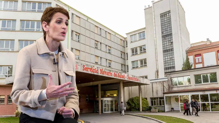 Fotomontaje de Mar&iacute;a Chivite ante uno de los accesos al Hospital Universitario de Navarra.