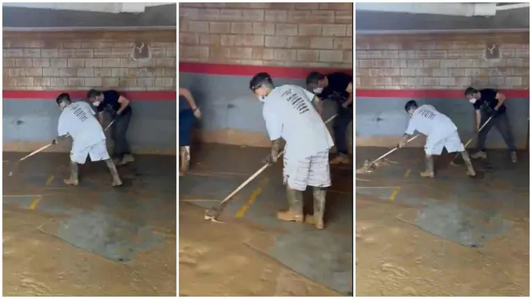 Tres fotogramas del video en el que se ve al jugador de Osasuna, Rub&eacute;n Garc&iacute;a, ayudando a retirar barro de un garaje en Valencia. TWITTER / ROSA SANTOS MOLT&Oacute;