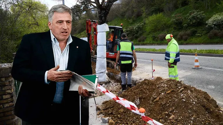 Fotomontaje del alcalde de Pamplona, Joseba Asir&oacute;n, sobre una imagen de las obras en la cuesta de Beloso. NAVARRA.COM