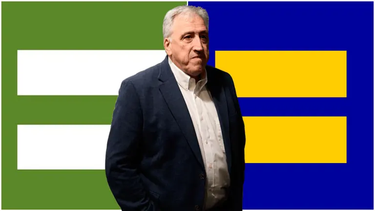 Joseba Asir&oacute;n, alcalde de Pamplona, sobre la imagen de la nueva marca de Pamplona (izquierda) presentada este martes y el logo de la conocida  Human Rights Campaign (HRC) de Estados Unidos.