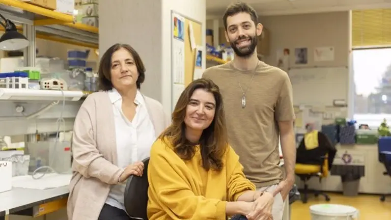 De izquierda a derecha: Ana Losada, Ana Cuadrado y Daniel Giménez-Llorente, investigadores del Centro Nacional de Investigadores Oncológicas (CNIO) - LAURA M. LOMBARDÍA / CNIO - Archivo