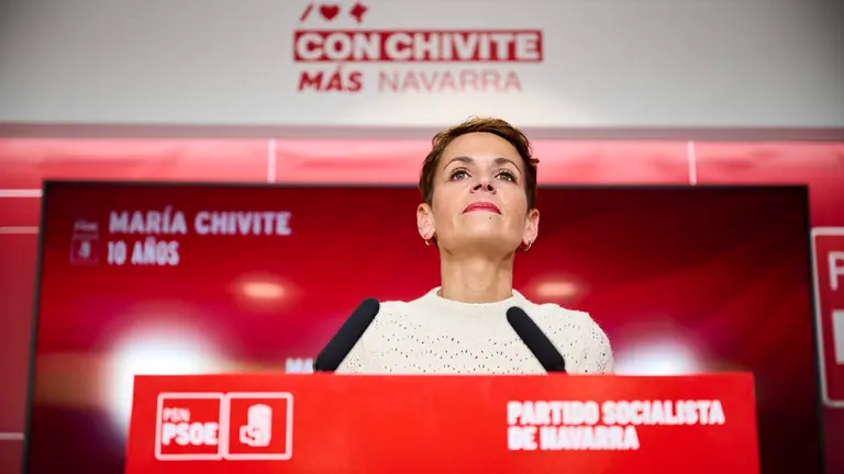 Rueda de prensa de la secretaria general del PSN, María Chivite, con motivo de los 10 años al frente del partido. PABLO LASAOSA