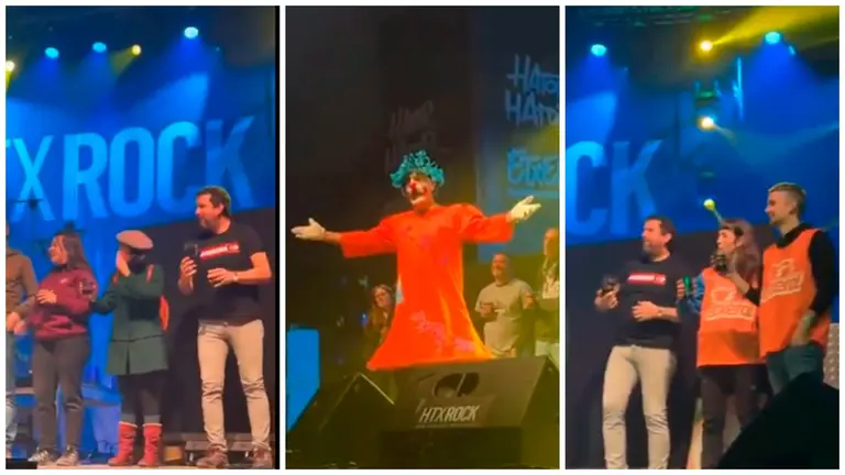 Fotomontaje con varias capturas del v&iacute;deo en el que se observa al alcalde de Villava brindando con el payaso proetarra. CEDIDA