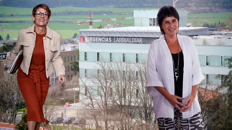 Fotomontaje con im&aacute;genes de Mar&iacute;a Chivite y Laura Aznal sobre una vista del Hospital Universitario de Navarra.