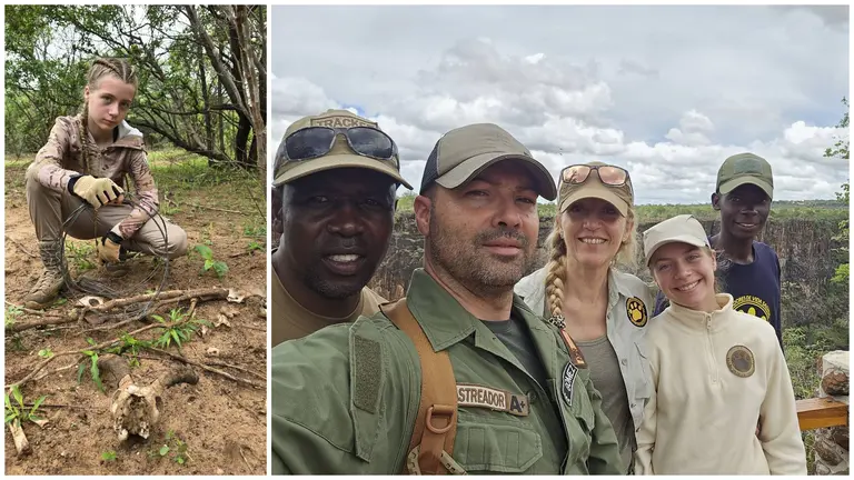 A la izquierda, Elvia tras encontrar un lazo de los furtivos, y a la derecha , Elvia con su familia y varios rastradores. CEDIDA