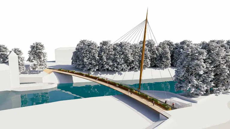 Render de la nueva pasarela peatonal sobre el Arga en Pamplona entre la Chantres y la Rochapea. AYUNTAMIENTO DE PAMPLONA