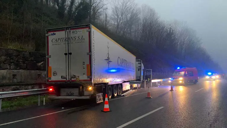 El camión accidentado en el arcén de la carretera. POLICÍA FORAL