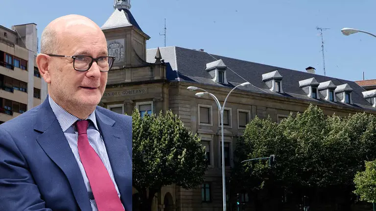 Fotomontaje con una imagen de Valentín Velasco sobre una vista de la Delegación del Gobierno en Navarra.