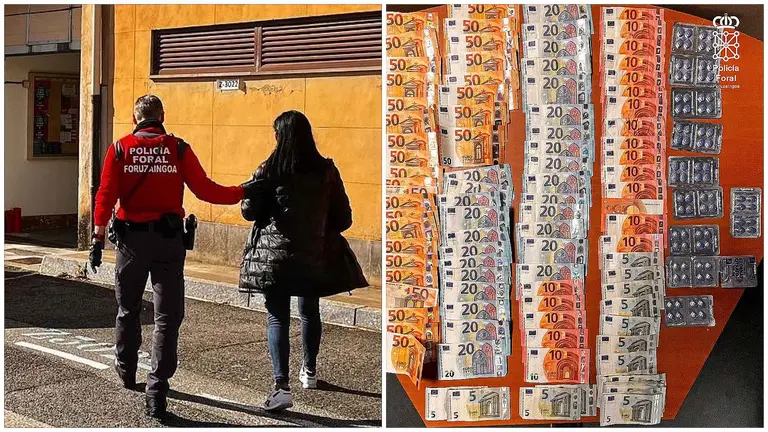 A la izquierda, el momento en el que la mujer detenida era conducida a la comisar&iacute;a de Pamplona, a la derecha, el dinero y las pastillas de Viagra incautadas. POLIC&Iacute;A FORAL