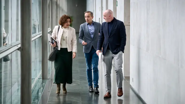 Yolanda Ib&aacute;&ntilde;ez, Juan Luis S&aacute;nchez de Muni&aacute;in y Javier Esparza de UPN en su llegada a la Mesa y Junta de Portavoces. PABLO LASAOSA