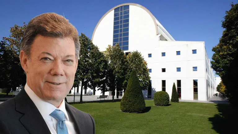 Fotomontaje de Juan Manuel Santos sobre una foto del campus de la Universidad P&uacute;blica de Navarra. UPNA