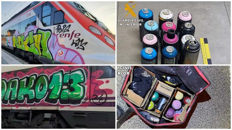 Dos de los trenes pintados y el material incautado a los grafiteros. GUARDIA CIVIL DE NAVARRA