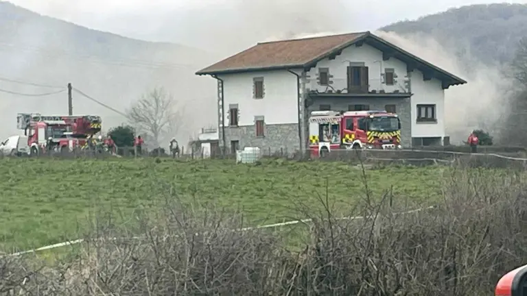 Efectivos de bomberos trabajando en la extinci&oacute;n de un incendio en un caser&iacute;o en Auza. POLIC&Iacute;A FORAL