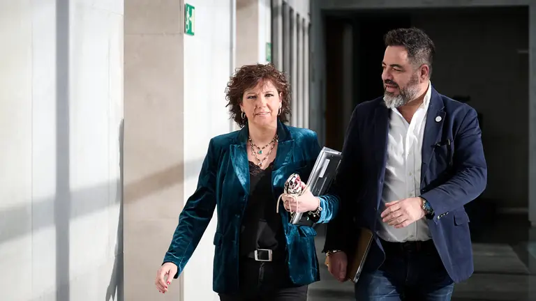 Ainhoa Unzu y Ram&oacute;n Alz&oacute;rriz del PSN minutos antes de celebrar la Mesa y Junta de Portavoces del Parlamento. PABLO LASAOSA